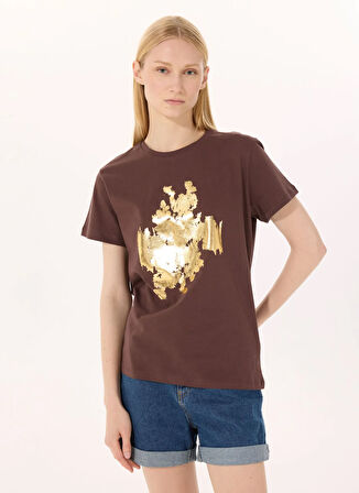 Limon Yuvarlak Yaka Baskılı Kahve Kadın T-Shirt L5SL-TST5814