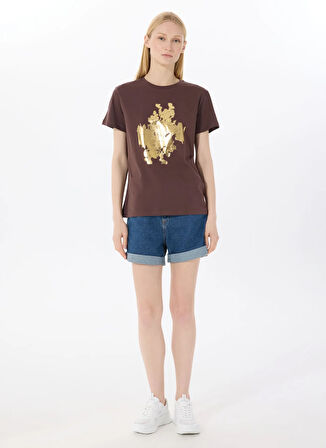 Limon Yuvarlak Yaka Baskılı Kahve Kadın T-Shirt L5SL-TST5814