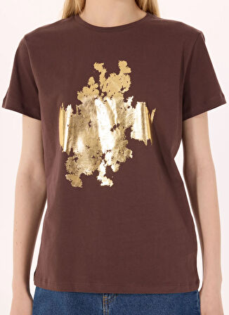 Limon Yuvarlak Yaka Baskılı Kahve Kadın T-Shirt L5SL-TST5814