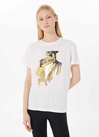 Limon Yuvarlak Yaka Baskılı Ekru Kadın T-Shirt L5SL-TST5814