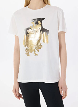 Limon Yuvarlak Yaka Baskılı Ekru Kadın T-Shirt L5SL-TST5814