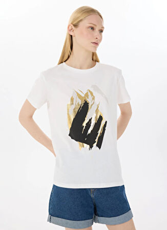 Limon Yuvarlak Yaka Baskılı Ekru Kadın T-Shirt L5SL-TST5810