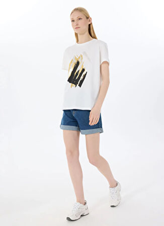 Limon Yuvarlak Yaka Baskılı Ekru Kadın T-Shirt L5SL-TST5810