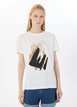 Limon Yuvarlak Yaka Baskılı Ekru Kadın T-Shirt L5SL-TST5810