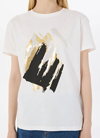 Limon Yuvarlak Yaka Baskılı Ekru Kadın T-Shirt L5SL-TST5810