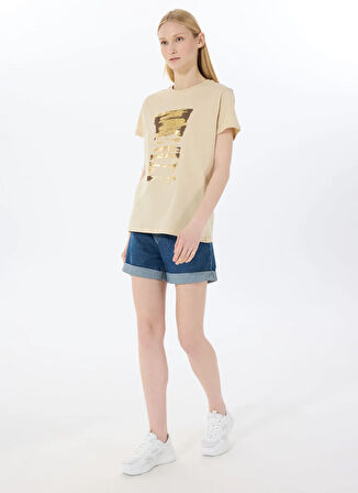 Limon Yuvarlak Yaka Baskılı Bej Kadın T-Shirt L5SL-TST5813