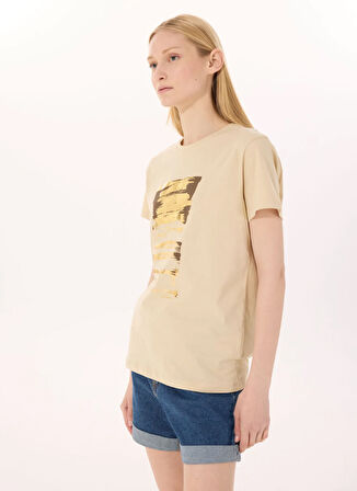 Limon Yuvarlak Yaka Baskılı Bej Kadın T-Shirt L5SL-TST5813