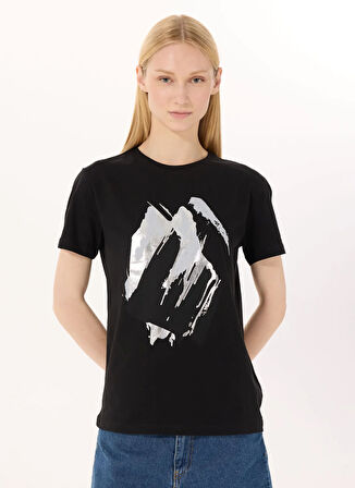 Limon Yuvarlak Yaka Baskılı Siyah Kadın T-Shirt L5SL-TST5810