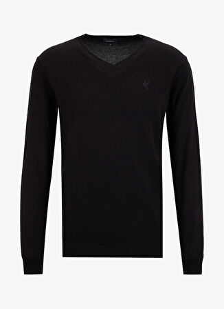 Fabrika V Yaka Basic Düz Siyah Erkek Kazak F5WM-KZK 2557