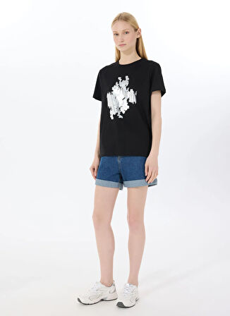 Limon Yuvarlak Yaka Baskılı Siyah Kadın T-Shirt L5SL-TST5814