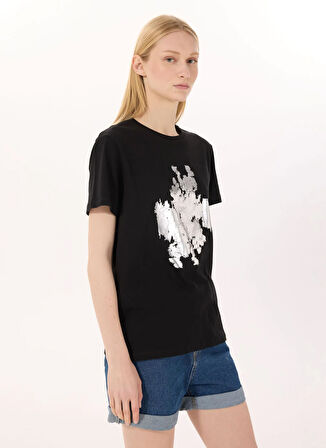 Limon Yuvarlak Yaka Baskılı Siyah Kadın T-Shirt L5SL-TST5814