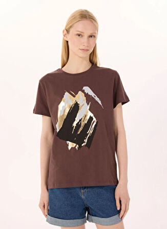 Limon Yuvarlak Yaka Baskılı Kahve Kadın T-Shirt L5SL-TST5810