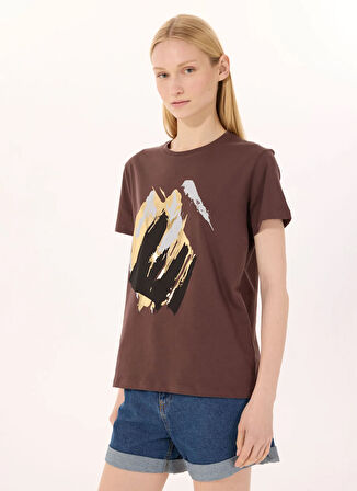 Limon Yuvarlak Yaka Baskılı Kahve Kadın T-Shirt L5SL-TST5810