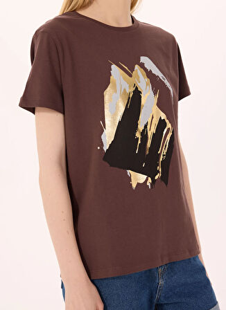 Limon Yuvarlak Yaka Baskılı Kahve Kadın T-Shirt L5SL-TST5810