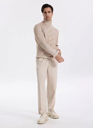 Fabrika Tam Balıkçı Yaka Slim Fit Jakarlı Vizon Erkek Kazak F5WM-KZK 2296