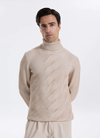 Fabrika Tam Balıkçı Yaka Slim Fit Jakarlı Vizon Erkek Kazak F5WM-KZK 2296