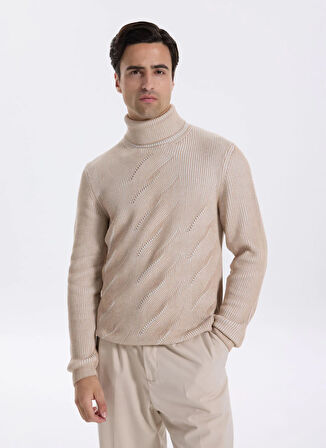 Fabrika Tam Balıkçı Yaka Slim Fit Jakarlı Vizon Erkek Kazak F5WM-KZK 2296