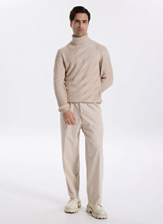 Fabrika Tam Balıkçı Yaka Slim Fit Jakarlı Vizon Erkek Kazak F5WM-KZK 2296