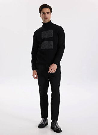 Fabrika Tam Balıkçı Yaka Slim Fit Jakarlı Siyah Erkek Kazak F5WM-KZK 2308