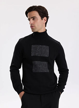 Fabrika Tam Balıkçı Yaka Slim Fit Jakarlı Siyah Erkek Kazak F5WM-KZK 2308