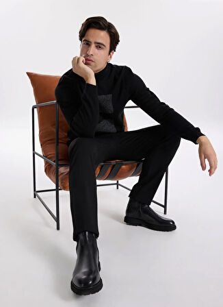 Fabrika Tam Balıkçı Yaka Slim Fit Jakarlı Siyah Erkek Kazak F5WM-KZK 2308