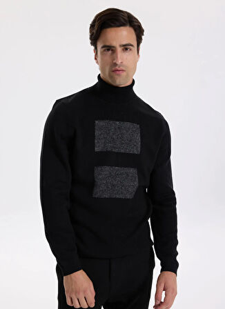 Fabrika Tam Balıkçı Yaka Slim Fit Jakarlı Siyah Erkek Kazak F5WM-KZK 2308