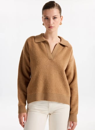 Fabrika Gömlek Yaka Relaxed Düz Camel Kazak Kadın F5WL-KZK0003