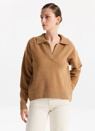Fabrika Gömlek Yaka Relaxed Düz Camel Kazak Kadın F5WL-KZK0003