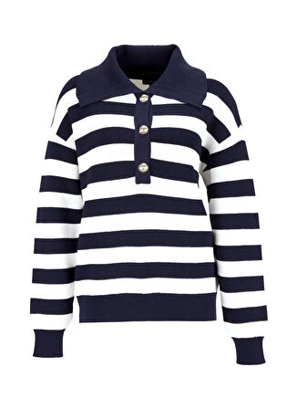 Fabrika Geniş Yaka Relaxed Çizgili Lacivert - Beyaz Kazak Kadın F5WL-KZK0016