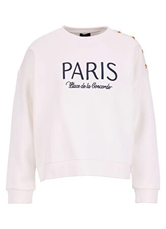 Fabrika Bisiklet Yaka Nakışlı Beyaz Kadın Sweatshırt F5WL-SWT0226