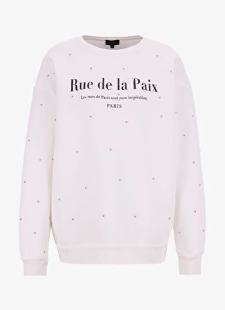 Fabrika Bisiklet Yaka Taşlı Beyaz Kadın Sweatshırt F5WL-SWT0228