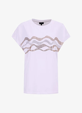 Fabrika Bisiklet Yaka Taşlı Beyaz Kadın T-Shirt F5WL-TST0249