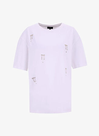 Fabrika Bisiklet Yaka Taşlı Beyaz Kadın T-Shirt F5WL-TST0246
