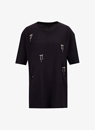 Fabrika Bisiklet Yaka Taşlı Siyah Kadın T-Shirt F5WL-TST0246