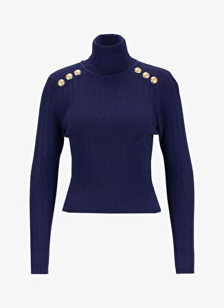 Fabrika Tam Balıkçı Yaka Dar Fitilli Lacivert Kazak Kadın F5WL-KZK0018