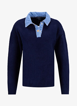 Fabrika Gömlek Yaka Relaxed Düz Lacivert Kazak Kadın F5WL-KZK0131