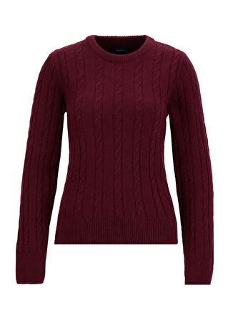 Fabrika Bisiklet Yaka Basic Saç Örgü Desenli Bordo Kazak Kadın F5WL-KZK0255