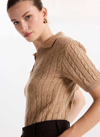 Fabrika Gömlek Yaka Relaxed Saç Örgü Desenli Camel Kazak Kadın F5WL-KZK0257