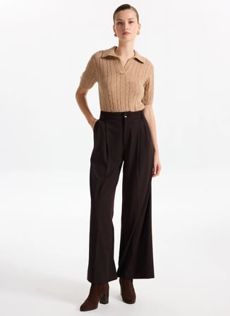 Fabrika Gömlek Yaka Relaxed Saç Örgü Desenli Camel Kazak Kadın F5WL-KZK0257