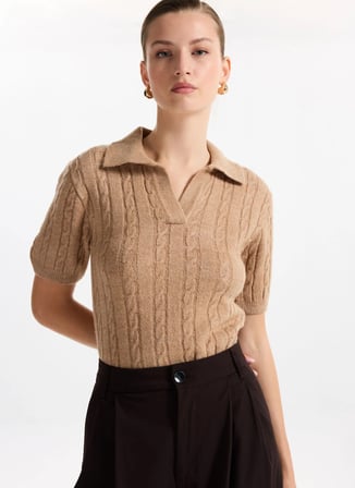 Fabrika Gömlek Yaka Relaxed Saç Örgü Desenli Camel Kazak Kadın F5WL-KZK0257
