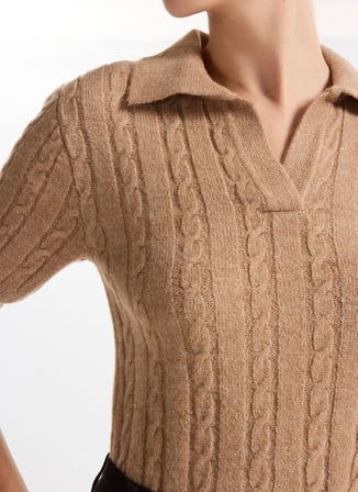 Fabrika Gömlek Yaka Relaxed Saç Örgü Desenli Camel Kazak Kadın F5WL-KZK0257