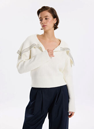 Fabrika V Yaka Relaxed Fitilli Ekru Kazak Kadın F5WL-KZK0301