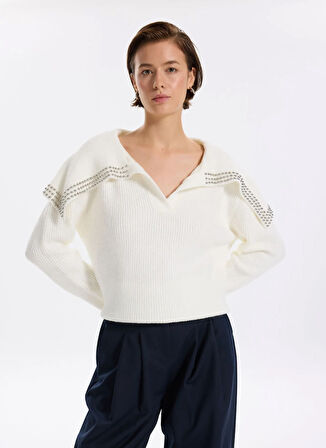 Fabrika V Yaka Relaxed Fitilli Ekru Kazak Kadın F5WL-KZK0301