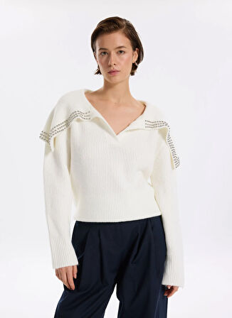 Fabrika V Yaka Relaxed Fitilli Ekru Kazak Kadın F5WL-KZK0301