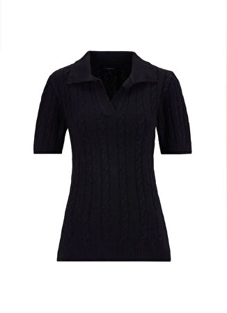 Fabrika Gömlek Yaka Relaxed Saç Örgü Desenli Siyah Kazak Kadın F5WL-KZK0257