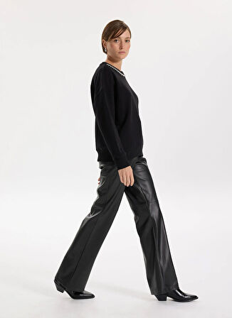 Fabrika Bisiklet Yaka Taşlı Siyah Kadın Sweatshırt F5WL-SWT0036