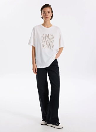 Fabrika Bisiklet Yaka Taşlı Beyaz Kadın T-Shirt F5WL-TST0338