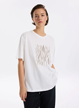 Fabrika Bisiklet Yaka Taşlı Beyaz Kadın T-Shirt F5WL-TST0338