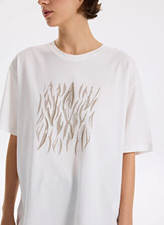 Fabrika Bisiklet Yaka Taşlı Beyaz Kadın T-Shirt F5WL-TST0338