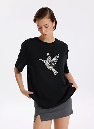 Fabrika Bisiklet Yaka Baskılı Siyah Kadın T-Shirt F5WL-TST0383